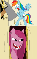 Size: 607x968 | Tagged: safe, artist:hyolark, pinkie pie, rainbow dash, pegasus, pony, fanfic:cupcakes, g4, axe, bipedal, crossover, female, here's johnny, mare, movie reference, ms paint, parody, pinkamena diane pie, the shining, this will end in cupcakes