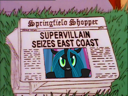 Size: 799x600 | Tagged: safe, queen chrysalis, g4, female, grin, hank scorpio, male, meme, newspaper, smiling, solo, the simpsons