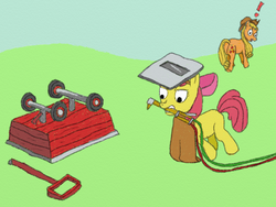 Size: 640x480 | Tagged: safe, artist:halflingpony, apple bloom, applejack, earth pony, pony, g4, anus, apron, broken, butt, clothes, duo, exclamation point, female, filly, foal, mare, mouth hold, plot, simplistic anus, wagon, welding, welding mask