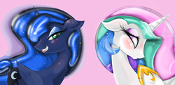 Size: 5076x2448 | Tagged: safe, artist:falco9998, princess celestia, princess luna, g4, :p, bedroom eyes, duo, floppy ears, grin, lipstick, looking at you, portrait, smiling, tongue out
