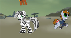 Size: 1279x679 | Tagged: safe, artist:captainhoers, oc, oc only, oc:calamity, oc:littlepip, oc:xenith, pegasus, pony, unicorn, zebra, fallout equestria, clothes, fanfic, fanfic art, female, grimdark source, horn, jumpsuit, male, mare, parody, pipbuck, stallion, vault suit, wasteland, youtube