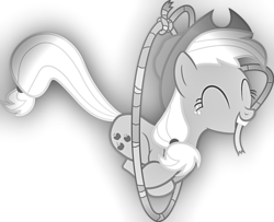 Size: 900x729 | Tagged: artist needed, safe, applejack, g4, eyes closed, female, jumping, lasso, monochrome, mouth hold, simple background, solo, transparent background