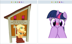 Size: 458x279 | Tagged: safe, applejack, twilight sparkle, pony, derpibooru, g4, my little pony: friendship is magic, simple ways, applejewel, exploitable meme, female, juxtaposition, juxtaposition win, meme, meta