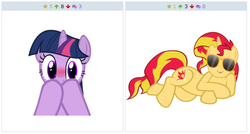 Size: 517x277 | Tagged: safe, sunset shimmer, twilight sparkle, pony, unicorn, derpibooru, g4, exploitable meme, female, implied lesbian, implied shipping, implied sunsetsparkle, juxtaposition, juxtaposition win, meme, meta