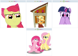 Size: 768x552 | Tagged: safe, apple bloom, applejack, fluttershy, pinkie pie, twilight sparkle, earth pony, pony, derpibooru, g4, my little pony: friendship is magic, simple ways, exploitable meme, female, juxtaposition, juxtaposition win, meme, meta