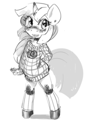 Size: 453x661 | Tagged: safe, artist:mewball, snails, anthro, g4, clothes, female, monochrome, rule 63, socks, solo, spice, sweater