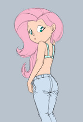 Size: 522x764 | Tagged: safe, artist:carnifex, fluttershy, human, g4, blue underwear, bra, clothes, female, humanized, jeans, light skin, looking at you, solo, underwear