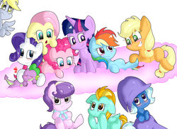 Size: 1024x745 | Tagged: safe, artist:laliiyeaah, applejack, derpy hooves, fluttershy, lightning dust, pinkie pie, rainbow dash, rarity, spike, suri polomare, trixie, twilight sparkle, alicorn, earth pony, pegasus, pony, unicorn, g4, chibi, cloud, female, mane seven, mane six, mare, twilight sparkle (alicorn)