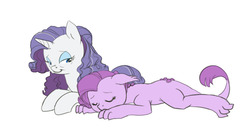 Size: 1041x550 | Tagged: safe, artist:carnifex, rarity, oc, oc:lavender, dracony, hybrid, g4, interspecies offspring, mother and daughter, offspring, older, parent:rarity, parent:spike, parents:sparity, simple background, sleeping, white background