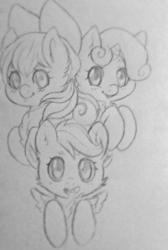 Size: 500x743 | Tagged: safe, artist:quackingmoron, apple bloom, scootaloo, sweetie belle, g4, cutie mark crusaders, monochrome