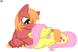 Size: 600x403 | Tagged: safe, artist:vabessathebat, big macintosh, fluttershy, earth pony, pony, g4, base used, cuddling, eyes closed, male, prone, ship:fluttermac, shipping, sleeping, smiling, snuggling, stallion, straight