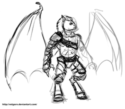 Size: 740x644 | Tagged: safe, artist:velgarn, bat pony, pegasus, anthro, armor, concept art, fantasy, male, monochrome, rpg, sketch, solo