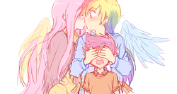 Size: 1200x640 | Tagged: safe, artist:re_ghotion, fluttershy, rainbow dash, scootaloo, human, g4, blushing, covering, female, humanized, kissing, lesbian, light skin, ship:flutterdash, shipping, winged humanization