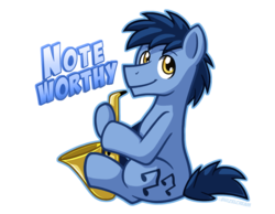 Size: 1276x992 | Tagged: safe, artist:bcpony, blues, noteworthy, earth pony, pony, g4, looking at you, male, musical instrument, saxophone, simple background, solo, stallion, text, transparent background