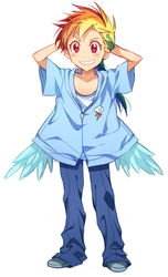 Size: 500x820 | Tagged: safe, artist:re_ghotion, rainbow dash, human, g4, blushing, clothes, female, humanized, light skin, oversized clothes, solo, winged humanization, younger