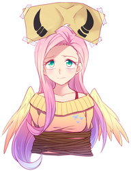 Size: 600x780 | Tagged: safe, fluttershy, human, g4, putting your hoof down, female, horns, humanized, light skin, rope, scene interpretation, solo, tied up, winged humanization