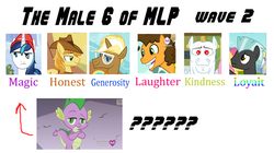 Size: 696x389 | Tagged: safe, braeburn, bulk biceps, cheese sandwich, shining armor, spike, thunderlane, trenderhoof, g4, alternate mane six, element of loyalt, male 6, meme, misspelling, wave 2