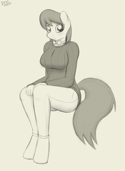 Size: 1737x2377 | Tagged: safe, artist:devs-iratvs, octavia melody, earth pony, anthro, unguligrade anthro, g4, breasts, busty octavia melody, clothes, female, hooves, monochrome, sitting, sketch, solo, sweater