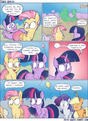 Size: 944x1294 | Tagged: safe, artist:capnpea, artist:kefkafloyd, apple bloom, applejack, candy mane, rarity, scootaloo, sweetie belle, twilight sparkle, alicorn, earth pony, pony, unicorn, comic:three apples, g4, comic, cutie mark crusaders, female, mare, no pupils, twilight sparkle (alicorn), wing hands