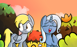 Size: 1920x1180 | Tagged: safe, artist:january3rd, derpy hooves, trixie, pegasus, pony, g4, crossover, female, mare, underp, yoshi's island