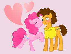 Size: 838x639 | Tagged: dead source, safe, artist:mn27, cheese sandwich, pinkie pie, earth pony, pony, g4, blushing, cheek kiss, cute, duo, female, heart, kissing, male, mare, ship:cheesepie, shipping, stallion, straight