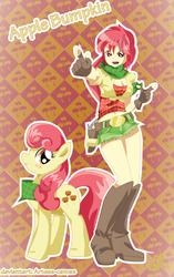 Size: 2361x3761 | Tagged: safe, artist:arteses-canvas, apple bumpkin, earth pony, human, pony, g4, apple family member, ascot, belt, blushing, boots, cleavage, clothes, female, fingerless gloves, gloves, gun, holster, human ponidox, humanized, looking at you, midriff, open mouth, pointing, pony coloring, shorts, smiling, solo