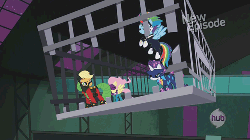 Size: 500x281 | Tagged: safe, screencap, applejack, fluttershy, mistress marevelous, radiance, rainbow dash, rarity, saddle rager, zapp, g4, power ponies (episode), animated, cage, female, power ponies