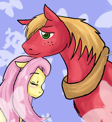 Size: 2013x2188 | Tagged: safe, artist:kaeaskavi, big macintosh, fluttershy, earth pony, pony, g4, duo, female, larger male, male, mare, ship:fluttermac, shipping, smaller female, stallion, straight