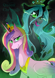 Size: 600x850 | Tagged: safe, artist:yukina-namagaki, queen chrysalis, changeling, changeling queen, g4, crown, disguise, disguised changeling, fake cadance, female, jewelry, regalia, smiling