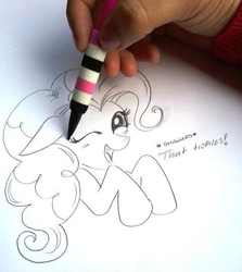 Size: 480x537 | Tagged: dead source, safe, artist:midnight-silence, pinkie pie, human, g4, blushing, cute, diapinkes, drawing, drawn into existence, floppy ears, fourth wall, giggling, hand, irl, open mouth, photo, smiling, wink