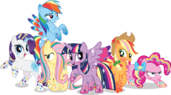 Size: 13523x7530 | Tagged: safe, artist:benybing, applejack, fluttershy, pinkie pie, rainbow dash, rarity, twilight sparkle, alicorn, earth pony, pegasus, pony, unicorn, g4, absurd resolution, colored wings, female, horn, mane six, mare, multicolored wings, rainbow power, rainbow wings, simple background, starry eyes, transparent background, twilight sparkle (alicorn), vector