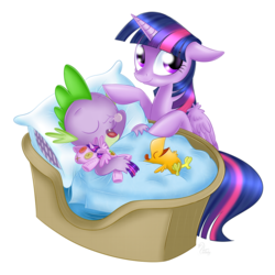 Size: 1000x1000 | Tagged: safe, artist:swanlullaby, peewee, spike, twilight sparkle, alicorn, dragon, phoenix, pony, g4, baby phoenix, basket, blanket, bubble, crib, cute, female, folded wings, hilarious in hindsight, horn, male, mama twilight, mare, peeweebetes, pillow, plushie, signature, simple background, sleeping, snot bubble, spikabetes, spikelove, transparent background, tucking in, twiabetes, twilight sparkle (alicorn), wings
