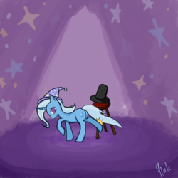 Size: 1680x1680 | Tagged: source needed, safe, artist:9pak, trixie, pony, unicorn, g4, female, frown, get, hat, index get, kick, lonely, mare, milestone, sad, solo, stage, stool, top hat, wavy mouth