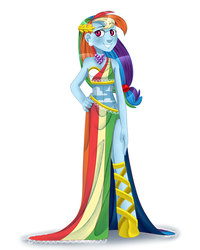 Size: 2000x2500 | Tagged: safe, artist:thepurpah, rainbow dash, human, g4, blushing, clothes, dress, female, gala dress, hand on hip, humanized, pony coloring, side slit, simple background, smiling, solo, white background