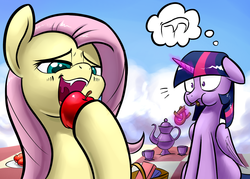 Size: 1651x1181 | Tagged: safe, artist:underpable, fluttershy, twilight sparkle, alicorn, pony, g4, :t, apple, bedroom eyes, eating, fangs, female, floppy ears, flutterbat, frown, mare, open mouth, pictogram, pretzel, pretzel coordination, puffy cheeks, smiling, table, teacup, teapot, thought bubble, twilight sparkle (alicorn), uvula, wide eyes