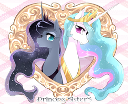 Size: 650x531 | Tagged: safe, artist:yukina-namagaki, princess celestia, princess luna, alicorn, pony, g4, colored pupils, cute, duo, female, jewelry, looking at you, mare, regalia, royal sisters, siblings, sisters