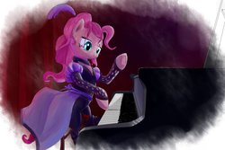 Size: 1095x730 | Tagged: safe, artist:qweeli, pinkie pie, g4, over a barrel, cabaret, clothes, costume, female, keyboard, musical instrument, piano, saloon dress, saloon pinkie, scene interpretation, solo, underhoof