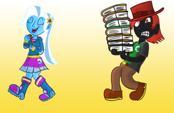 Size: 1024x663 | Tagged: safe, artist:precious-pup, trixie, oc, oc:shadow rush, equestria girls, g4, book, carrying