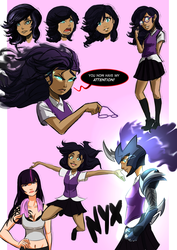 Size: 2480x3508 | Tagged: safe, artist:smilingdogz, twilight sparkle, oc, oc:nyx, cyborg, human, g4, belly button, clothes, glasses, glowing eyes, humanized, light skin, midriff, moderate dark skin, nightmare nyx, vest