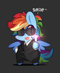 Size: 800x960 | Tagged: safe, artist:php56, rainbow dash, pegasus, pony, g4, bipedal, chibi, clothes, crossover, female, gray background, men in black, neuralizer, simple background, solo, suit, sunglasses