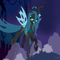 Size: 5000x5000 | Tagged: safe, artist:matimus91, queen chrysalis, changeling, changeling queen, g4, absurd resolution, bedroom eyes, crown, female, flying, jewelry, regalia, solo