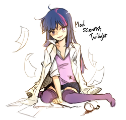 Size: 581x553 | Tagged: safe, artist:ujey02, twilight sparkle, human, g4, clothes, coffee mug, cup, female, humanized, lab coat, mad scientist, messy, messy mane, missing shoes, mug, sitting, socks, solo, stockings, thigh highs, twilight snapple