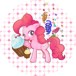 Size: 1755x1755 | Tagged: safe, artist:k_krsk26, pinkie pie, g4, cupcake, female, licking, pixiv, solo, streamers