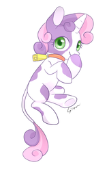 Size: 885x1382 | Tagged: dead source, safe, artist:sion, sweetie belle, cow, g4, bell, bell collar, collar, cowbell, cowbelle, cowified, cute, diasweetes, female, looking at you, milka, signature, simple background, smiling, smiling at you, solo, species swap, white background
