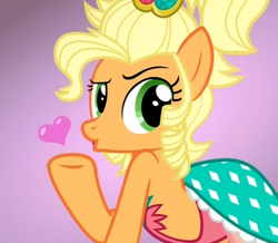 Size: 500x436 | Tagged: safe, screencap, applejack, earth pony, pony, g4, simple ways, applejack also dresses in style, applejack is best facemaker, applejewel, duckface, fancyjack, female, heart, looking at you, pouting, raised eyebrow, solo
