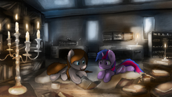 Size: 2560x1440 | Tagged: safe, artist:fuzzyfox11, twilight sparkle, oc, oc:janice, alicorn, pony, g4, book, candle, female, mare, twilight sparkle (alicorn)