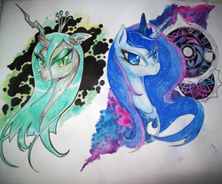 Size: 1793x1483 | Tagged: safe, artist:karlosbaygorriakb, princess luna, queen chrysalis, alicorn, changeling, changeling queen, pony, g4, female, traditional art