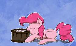 Size: 1376x843 | Tagged: safe, artist:ohmymarton, pinkie pie, earth pony, pony, g4, blank flank, blue background, cake, eating, eyes closed, female, nom, simple background, solo