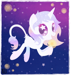 Size: 746x786 | Tagged: safe, artist:disfiguredstick, oc, oc only, oc:shooting star, classical unicorn, pony, unicorn, g4, female, horn, leonine tail, mare, open mouth, open smile, signature, smiling, solo, sparkly mane, sparkly tail, starry eyes, tail, unshorn fetlocks, wingding eyes