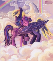 Size: 1280x1457 | Tagged: safe, artist:meownyo, twilight sparkle, oc, oc:zephyr, alicorn, pony, g4, canon x oc, cloud, cloudy, duo, eyes closed, female, male, mare, on a cloud, rainbow, shipping, straight, twilight sparkle (alicorn), twiphyr